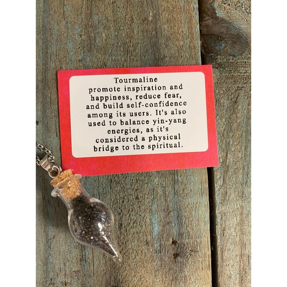 Protection black tourmaline crystal sand spell jar vial stainless steel necklace - Picture 2 of 2